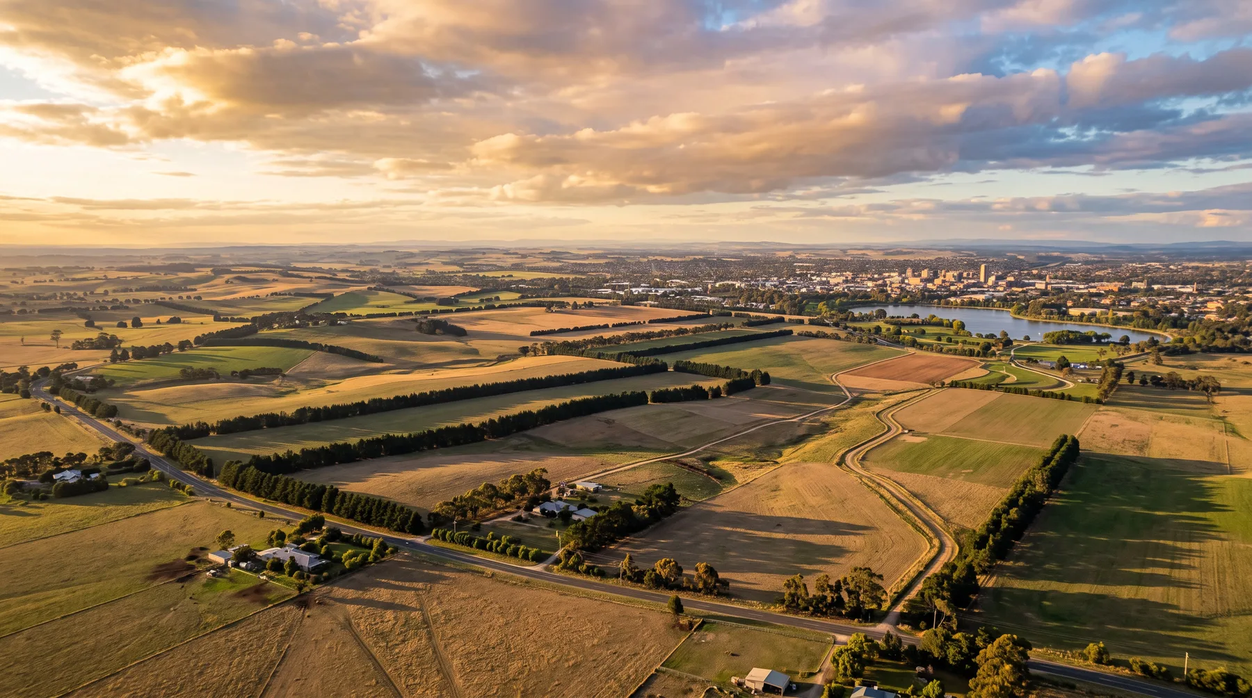 Aerial view of the Ballarat North precinct with new streets, parkland and rural surrounds